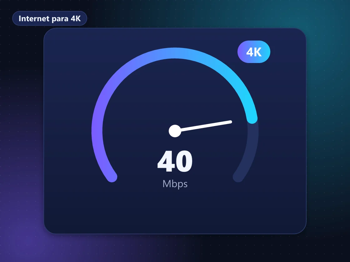 Ilustração de TV 4K conectada a roteador por fibra com indicador de velocidade