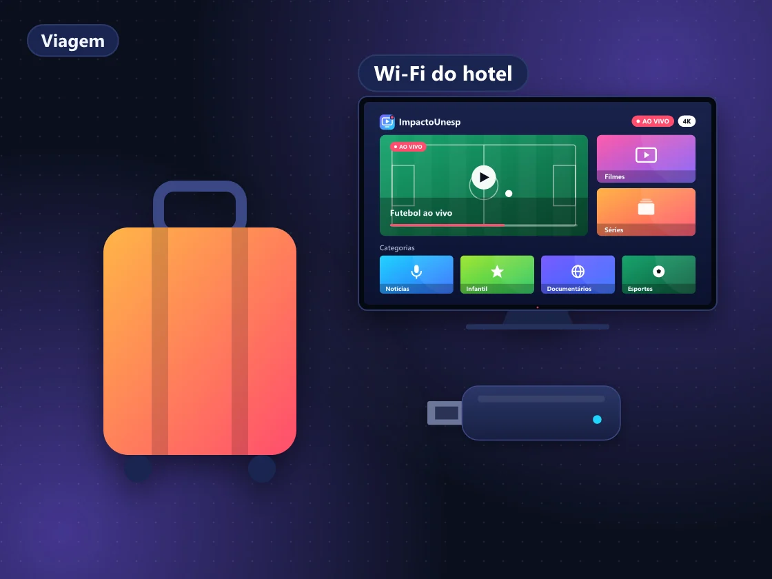 Ilustração de mala de viagem com Fire Stick, adaptador de tomada e TV de hotel