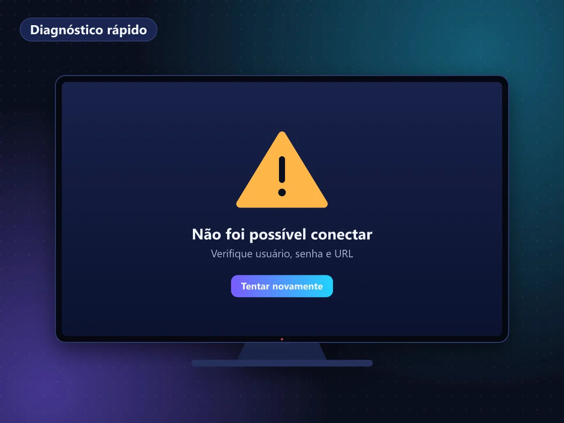 Ilustração de TV com mensagem de erro no app de IPTV e lista de verificação