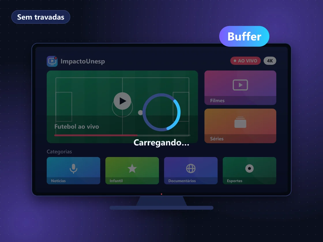 Ilustração de TV com ícone de carregamento e ajustes de buffer do player