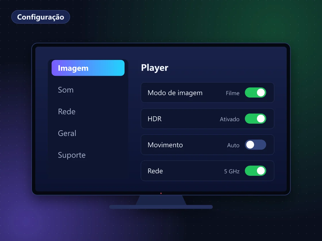 Tela de configurações de app IPTV com guia de programação, buffer e controle parental