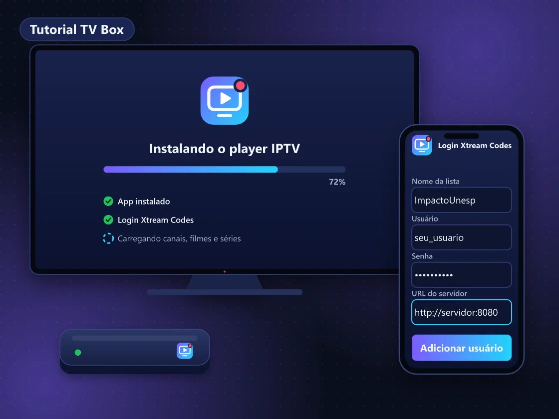 Controle remoto e TV Box Android com a tela de login Xtream Codes aberta