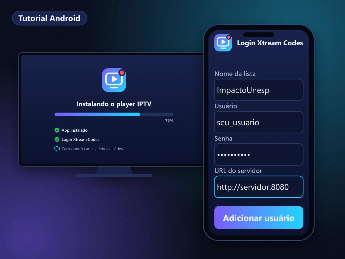 Mão segurando celular Android com a tela de login Xtream Codes do app IPTV