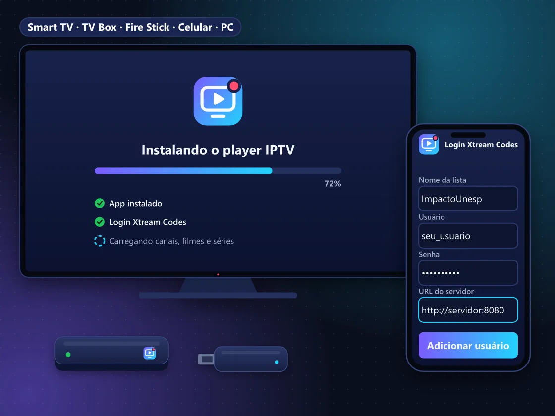 Instalação de IPTV na Smart TV com login Xtream Codes no celular, TV Box e TV Stick