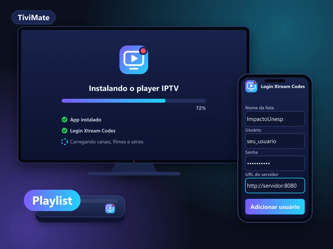 Tela do TiviMate na TV com grade de programação e opção de adicionar playlist