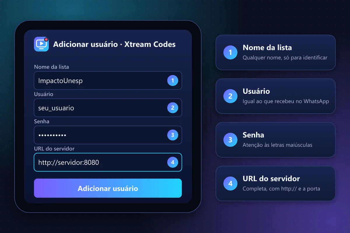 Tela de login Xtream Codes em app IPTV com nome da lista, usuário, senha e URL do servidor