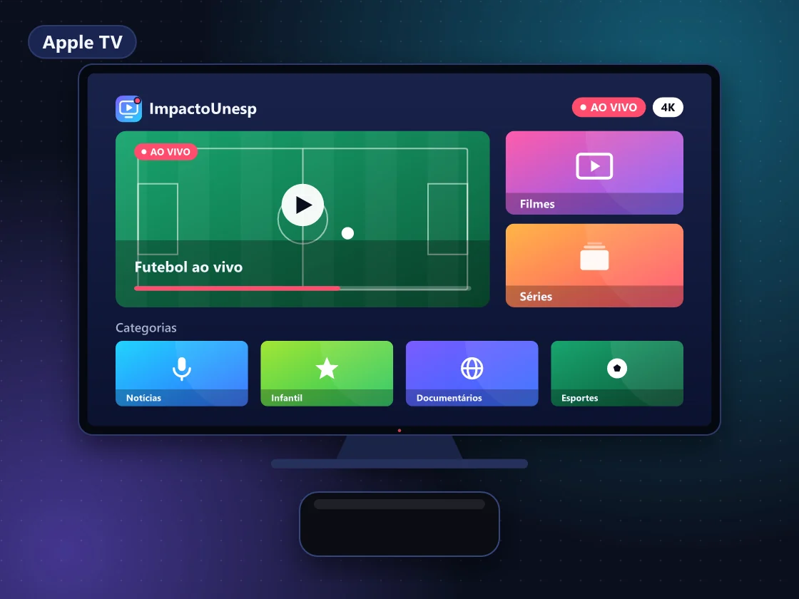 Apple TV conectada a uma TV 4K exibindo app player de IPTV com lista de canais