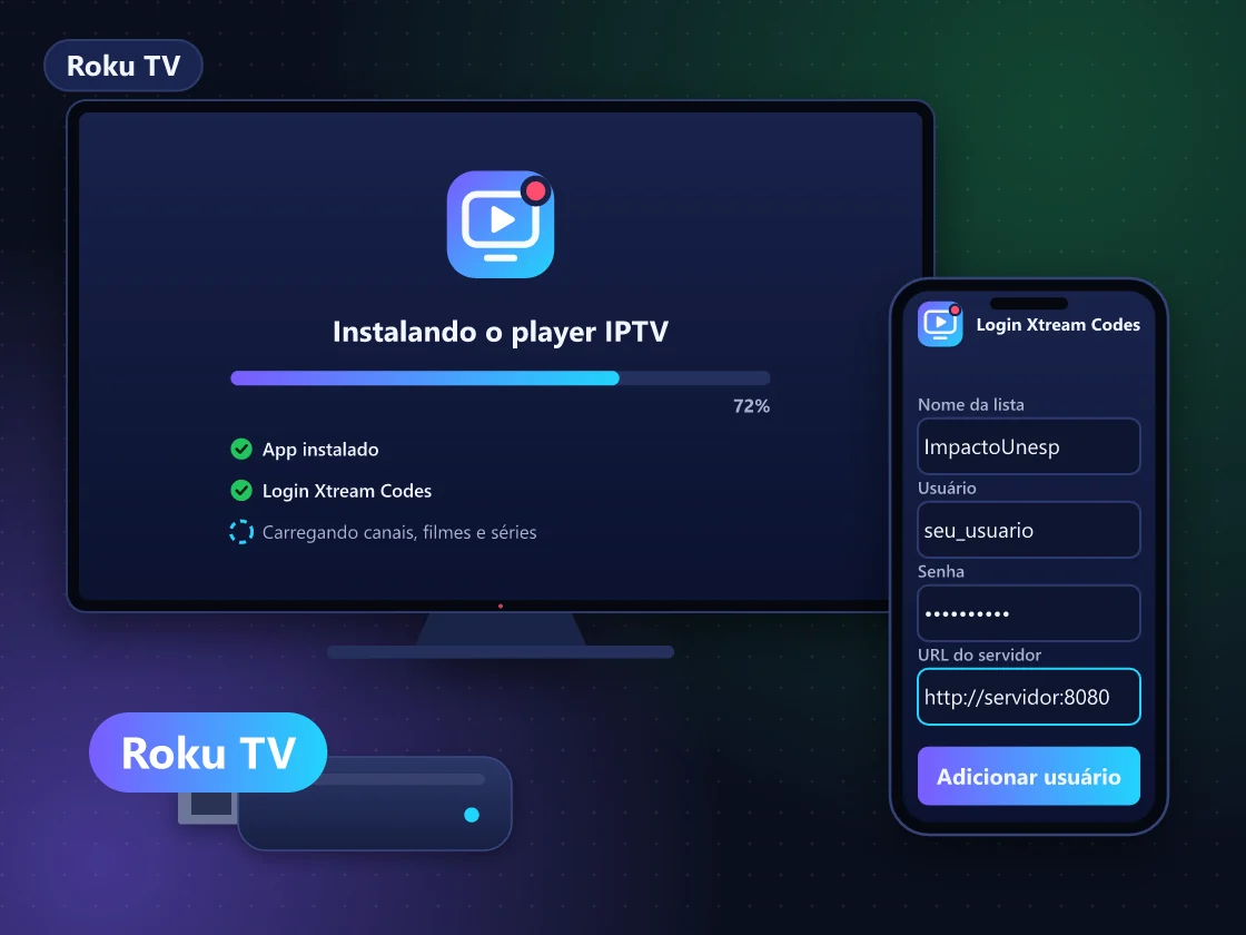 TV com sistema Roku e um stick de streaming conectado na entrada HDMI lateral