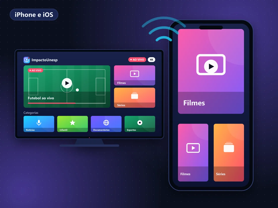 iPhone exibindo app de IPTV com guia de canais e ícone de AirPlay para a TV