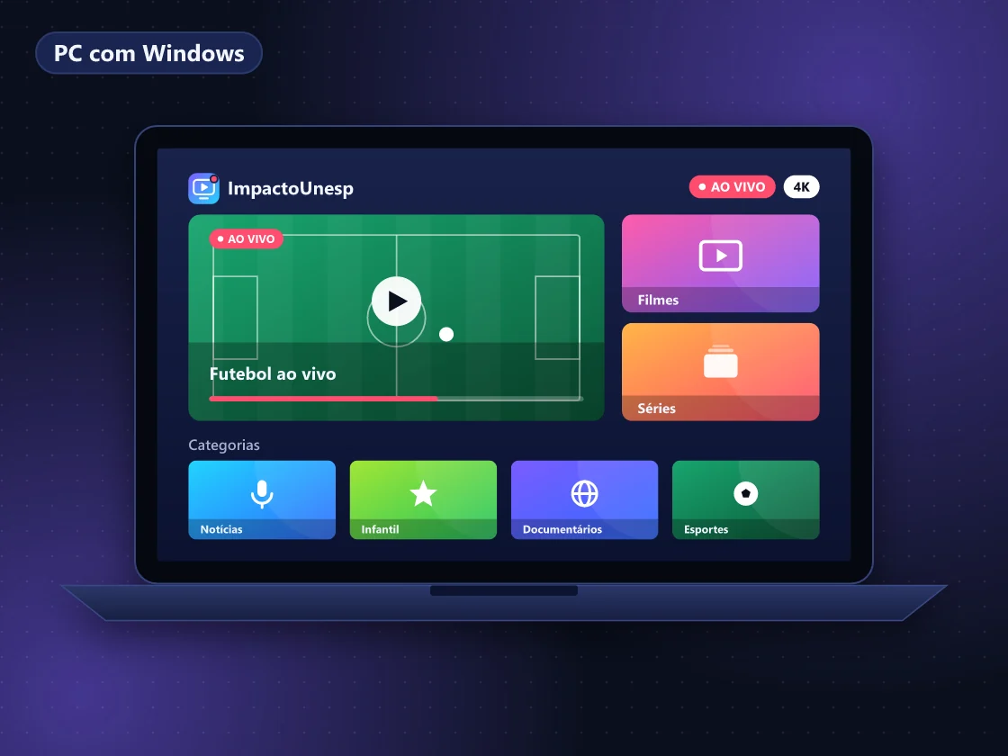Notebook com Windows exibindo lista de canais IPTV no VLC ligado à TV por HDMI
