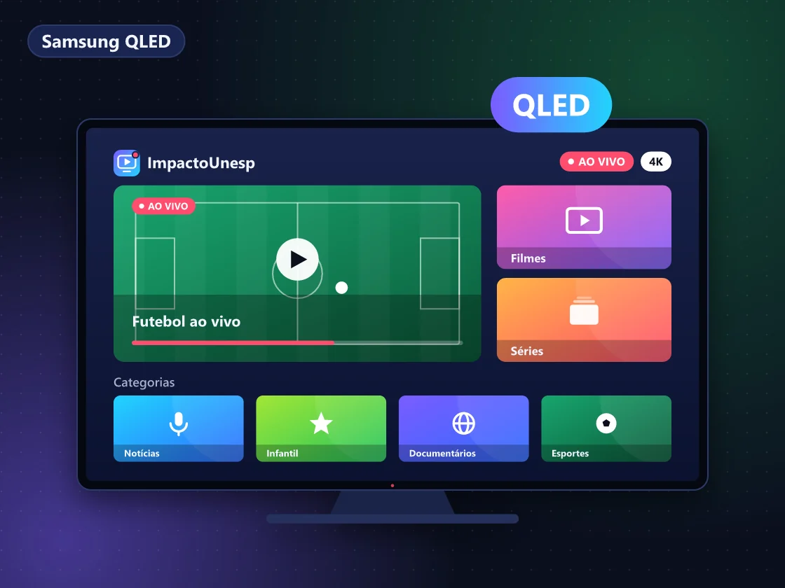 TV Samsung QLED exibindo partida de futebol com menu de ajustes de imagem aberto