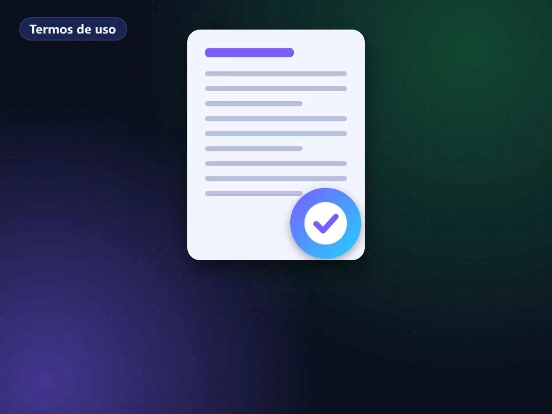 Documento de termos de uso com seções numeradas ao lado de uma TV e um celular